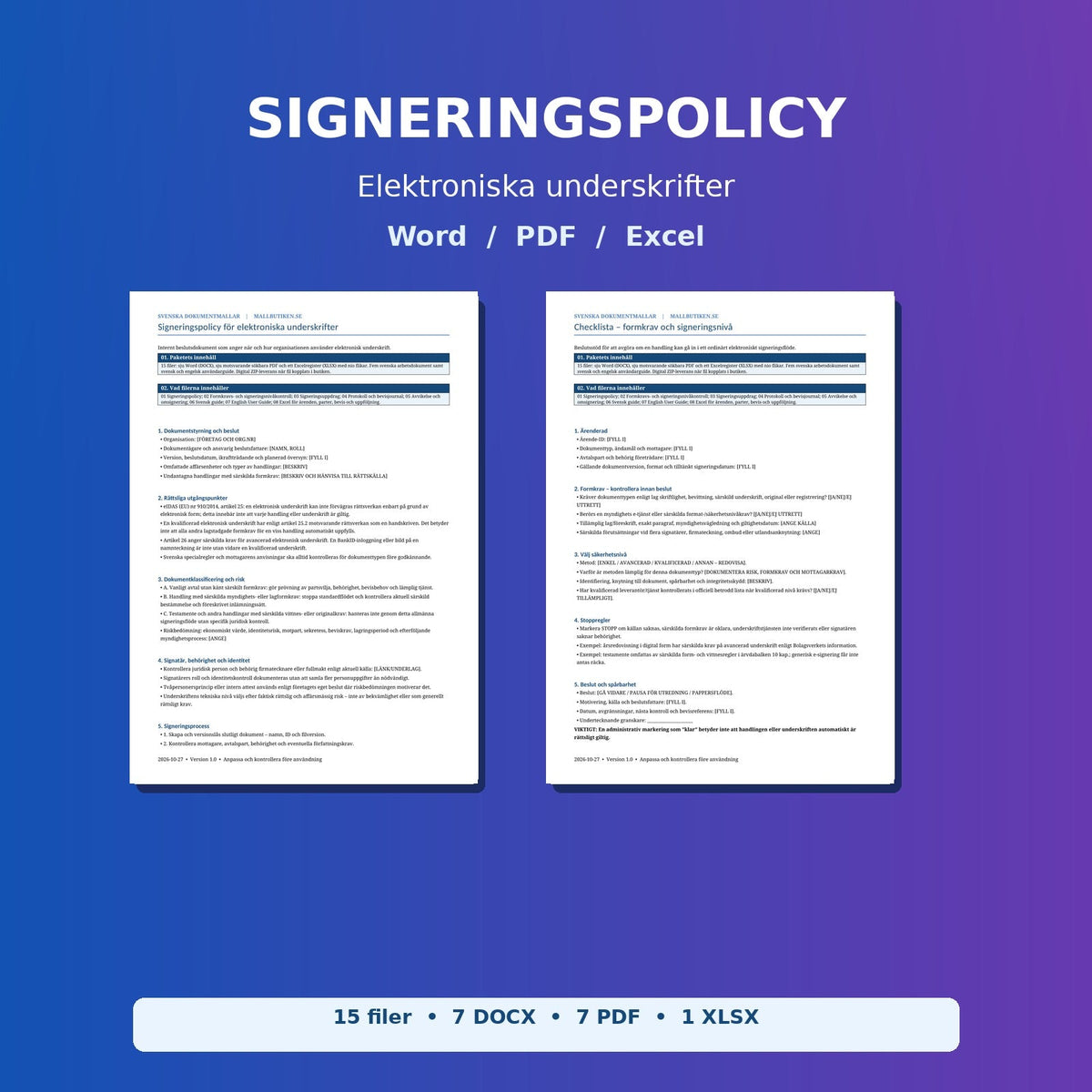Signeringspolicy för elektroniska underskrifter – två autentiska dokumentsidor, Word PDF och Excel