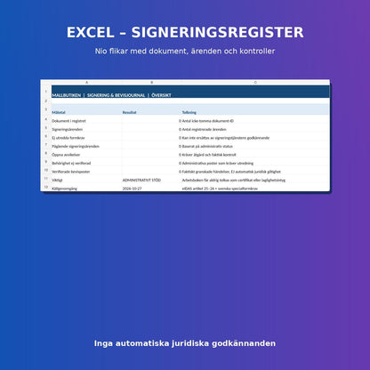 Signeringsregister i Excel – förhandsvisning av verklig arbetsbok med nio flikar