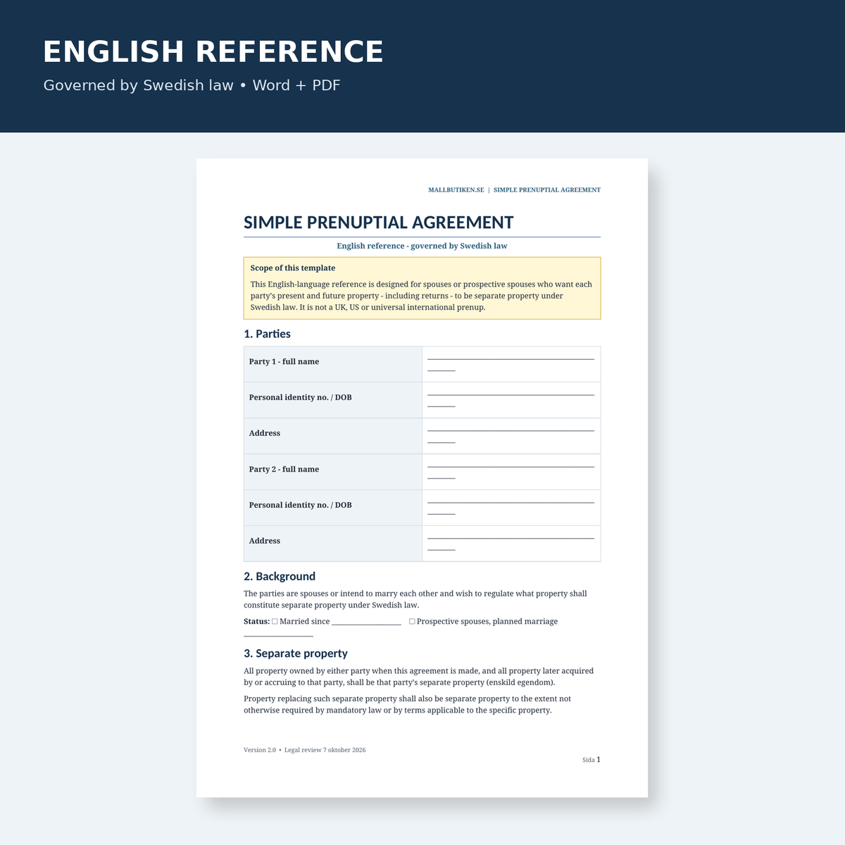 Preview of English reference prenuptial agreement governed by Swedish law