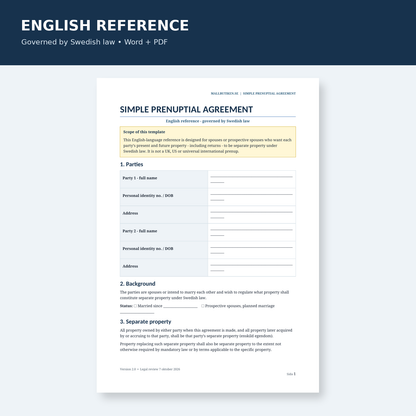 Preview of English reference prenuptial agreement governed by Swedish law