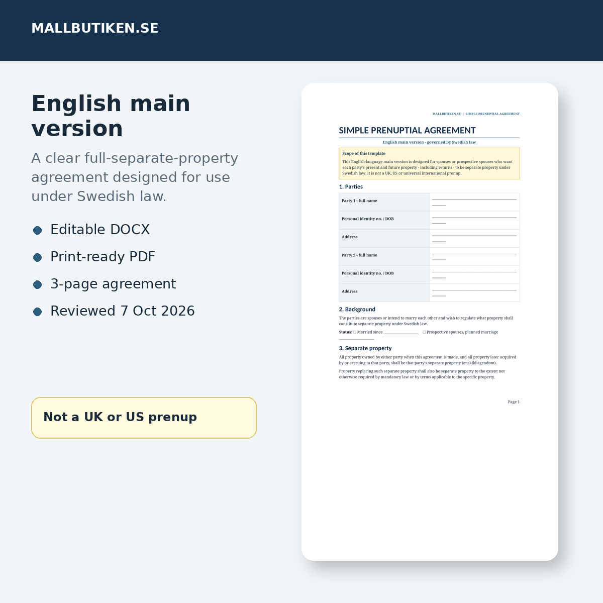 English main version preview of simple prenuptial agreement governed by Swedish law
