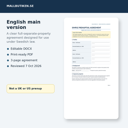 English main version preview of simple prenuptial agreement governed by Swedish law