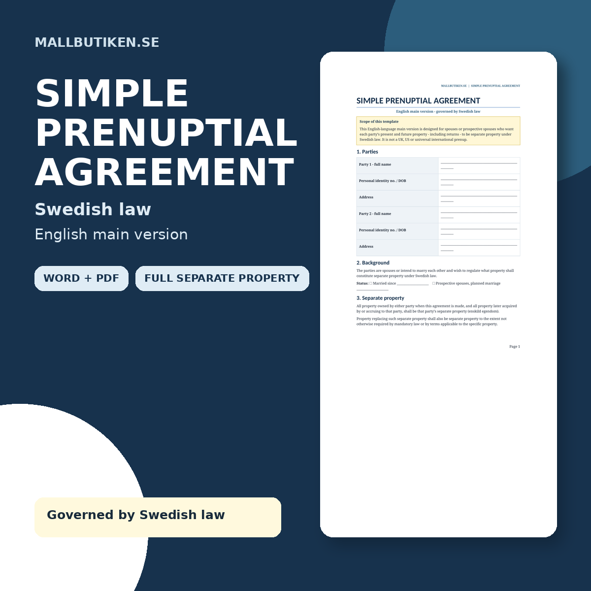 Simple Prenuptial Agreement under Swedish law – English Word and PDF template