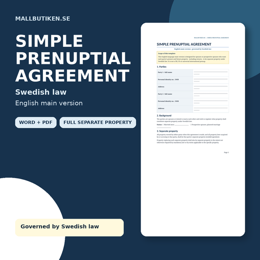 Simple Prenuptial Agreement under Swedish law – English Word and PDF template