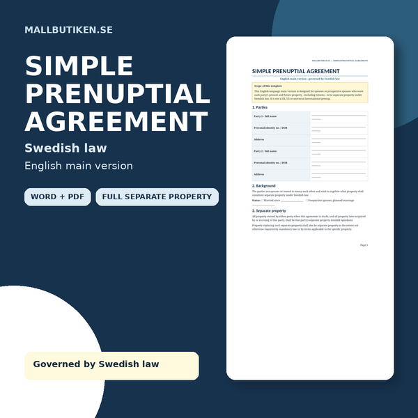 Simple Prenuptial Agreement under Swedish law – English Word and PDF template