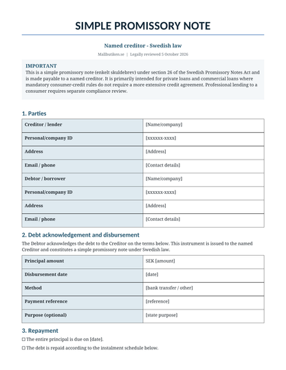 Preview of English simple promissory note template under Swedish law