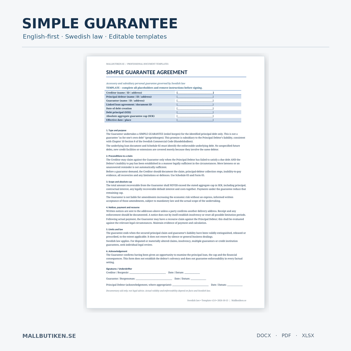 Simple Surety Agreement English – Swedish law, Word PDF Excel, actual document preview
