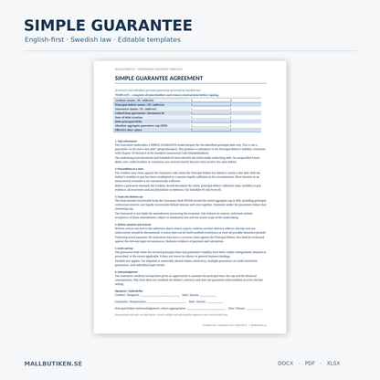 Simple Surety Agreement English – Swedish law, Word PDF Excel, actual document preview
