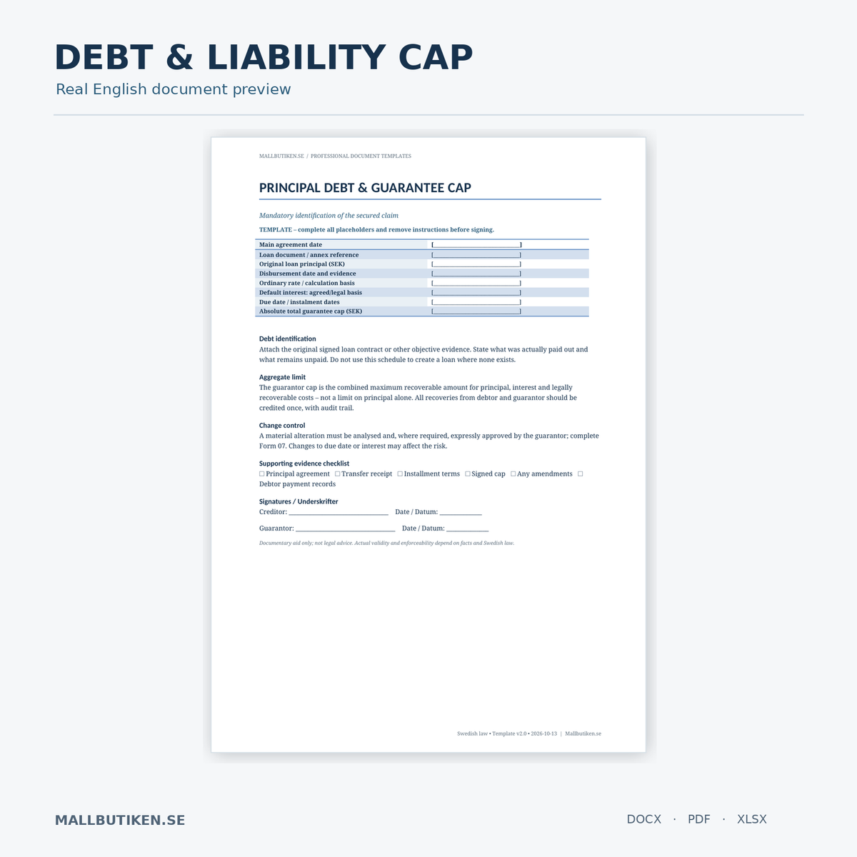 English simple guarantee debt and liability cap schedule – real DOCX/PDF preview