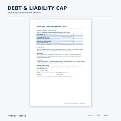 English simple guarantee debt and liability cap schedule – real DOCX/PDF preview