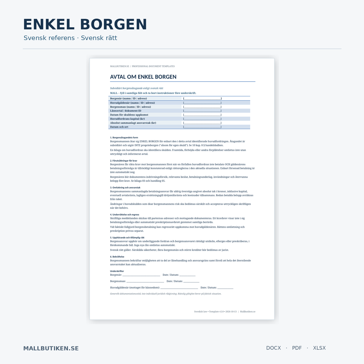 Svensk enkel borgen – faktisk avtalsförhandsvisning som referens till engelsk dokumentmall