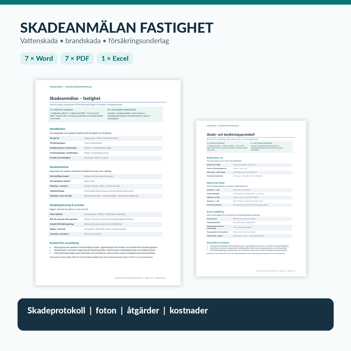 Skadeanmälan fastighet 2026/2027 – verklig Word/PDF/Excel-mall för vattenskada och försäkringsärende