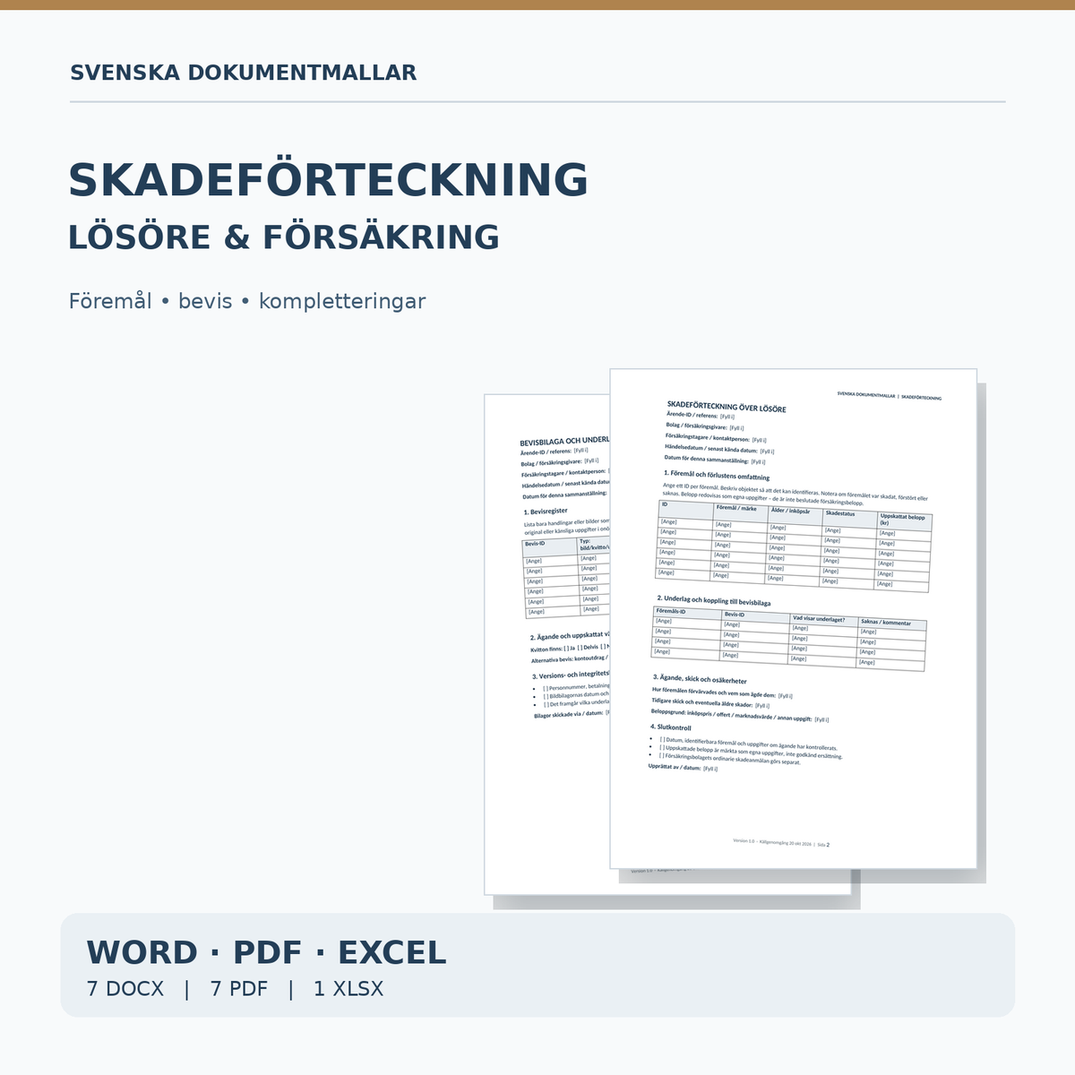 Skadeförteckning för lösöre – Word, PDF, Excel och dokumentförhandsvisning