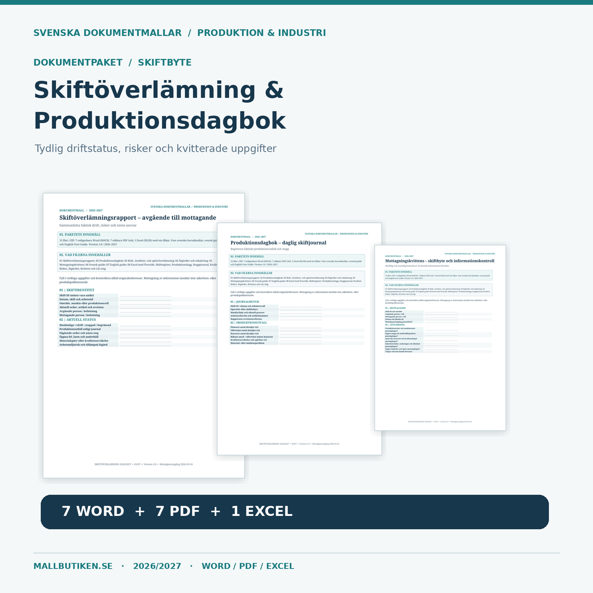 Skiftöverlämning och produktionsdagbok – 7 Word, 7 PDF och 1 Excel med verkliga dokumentförhandsvisningar