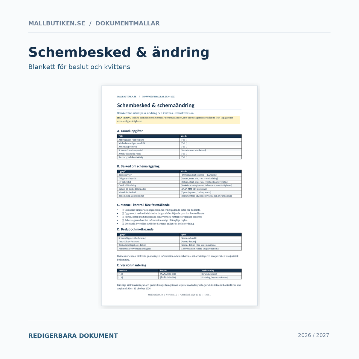 Schembesked och schemaändring – redigerbar mall i Word och PDF