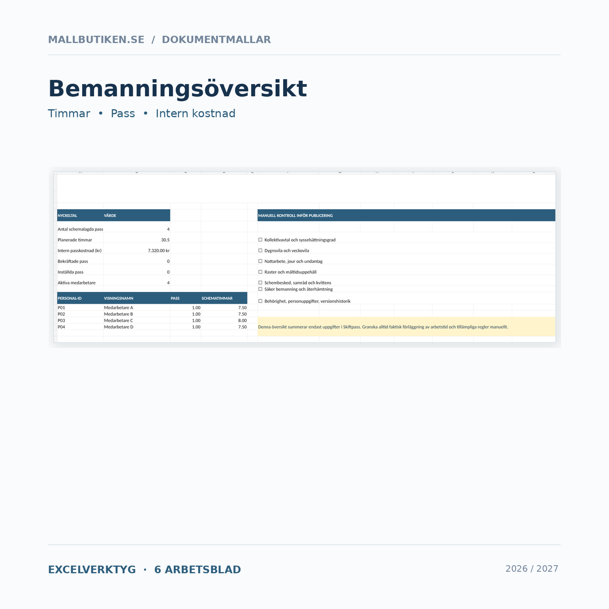 Excelöversikt för skift, arbetstimmar och personalbemanning