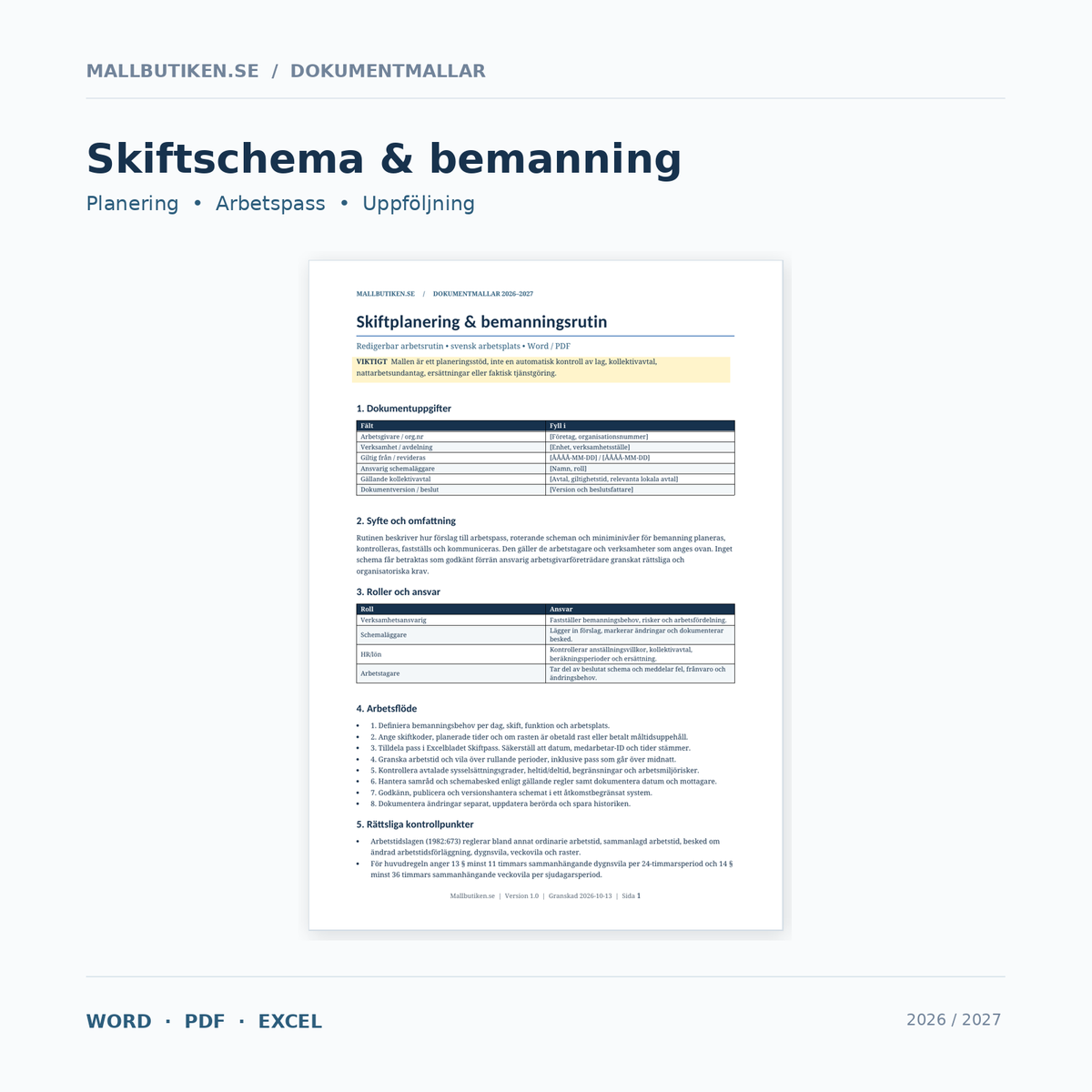 Skiftschema 2026/2027 – Word PDF Excel paket, huvudbild