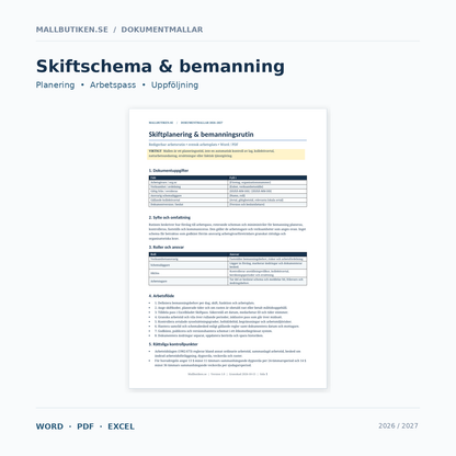 Skiftschema 2026/2027 – Word PDF Excel paket, huvudbild