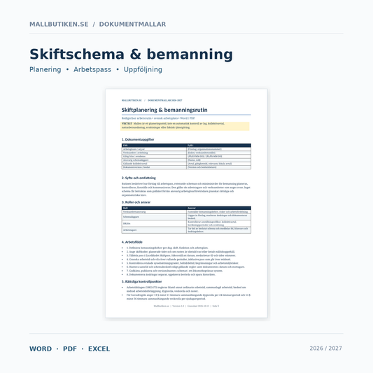 Skiftschema 2026/2027 – Word PDF Excel paket, huvudbild