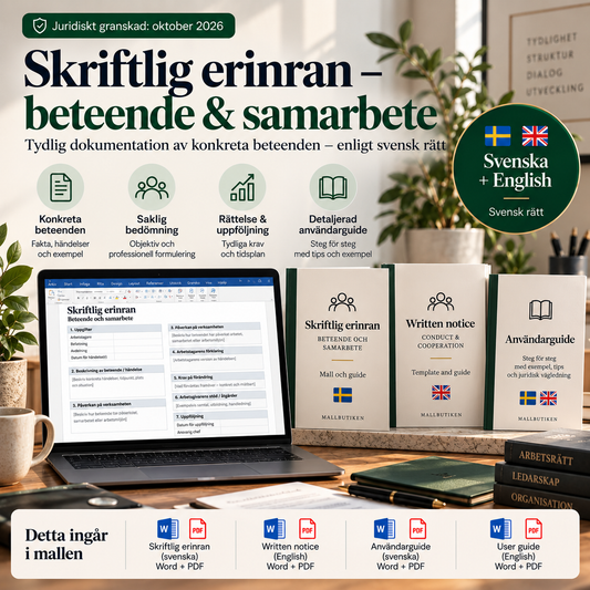 Skriftlig erinran beteende och samarbete – svensk och engelsk Word/PDF-mall med användarguide