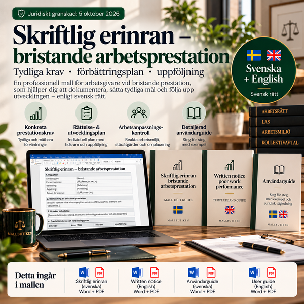 Skriftlig erinran bristande arbetsprestation – svensk och engelsk Word/PDF-mall med användarguide
