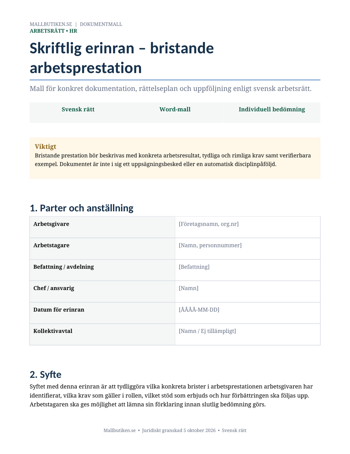 Förhandsvisning av svensk mall för skriftlig erinran vid bristande arbetsprestation