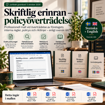Skriftlig erinran policyöverträdelse – svensk och engelsk Word/PDF-mall med användarguide