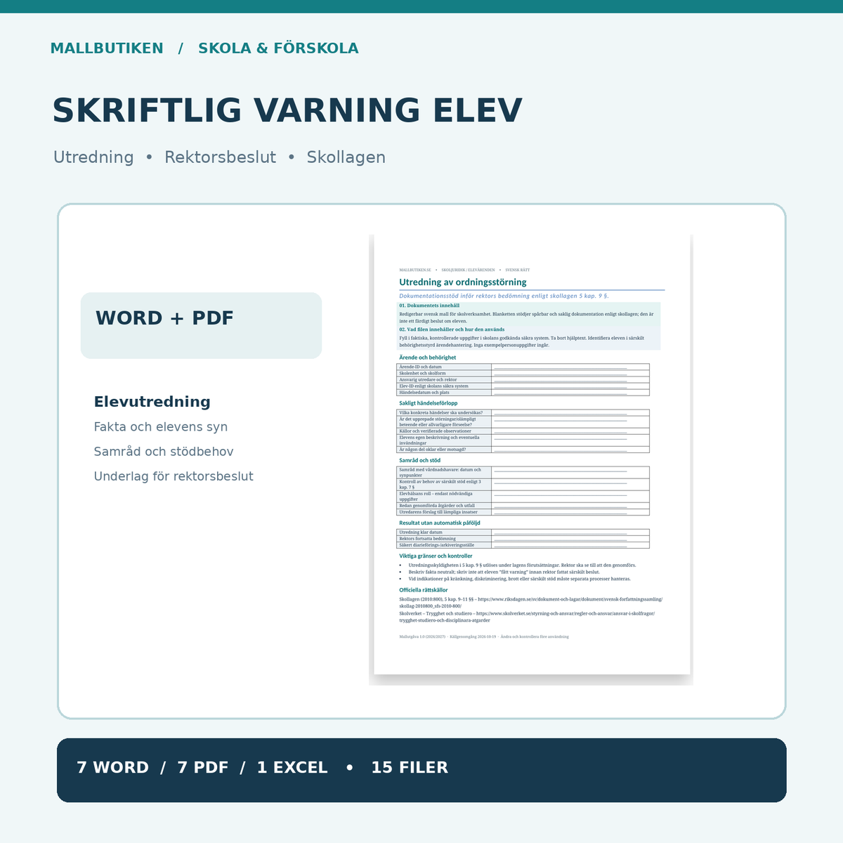 Skriftlig varning elev 2027 – verklig utredningsmall Word PDF i kvadratisk produktbild