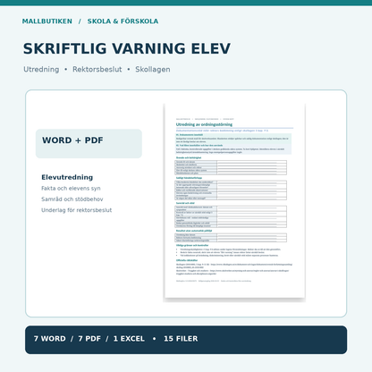 Skriftlig varning elev 2027 – verklig utredningsmall Word PDF i kvadratisk produktbild