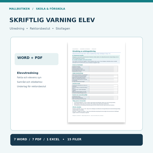 Skriftlig varning elev 2027 – verklig utredningsmall Word PDF i kvadratisk produktbild
