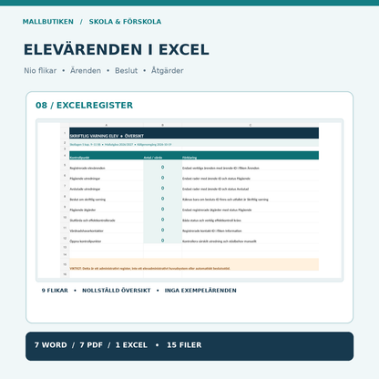 Skriftlig varning elev Excelregister – verklig översikt med nio flikar och noll ärenden