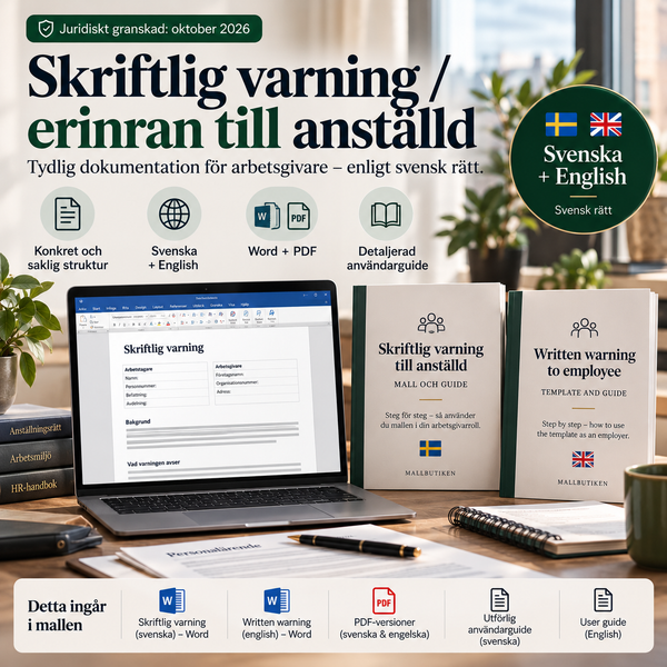 Skriftlig varning och erinran till anställd – svensk och engelsk Word/PDF-mall med guide