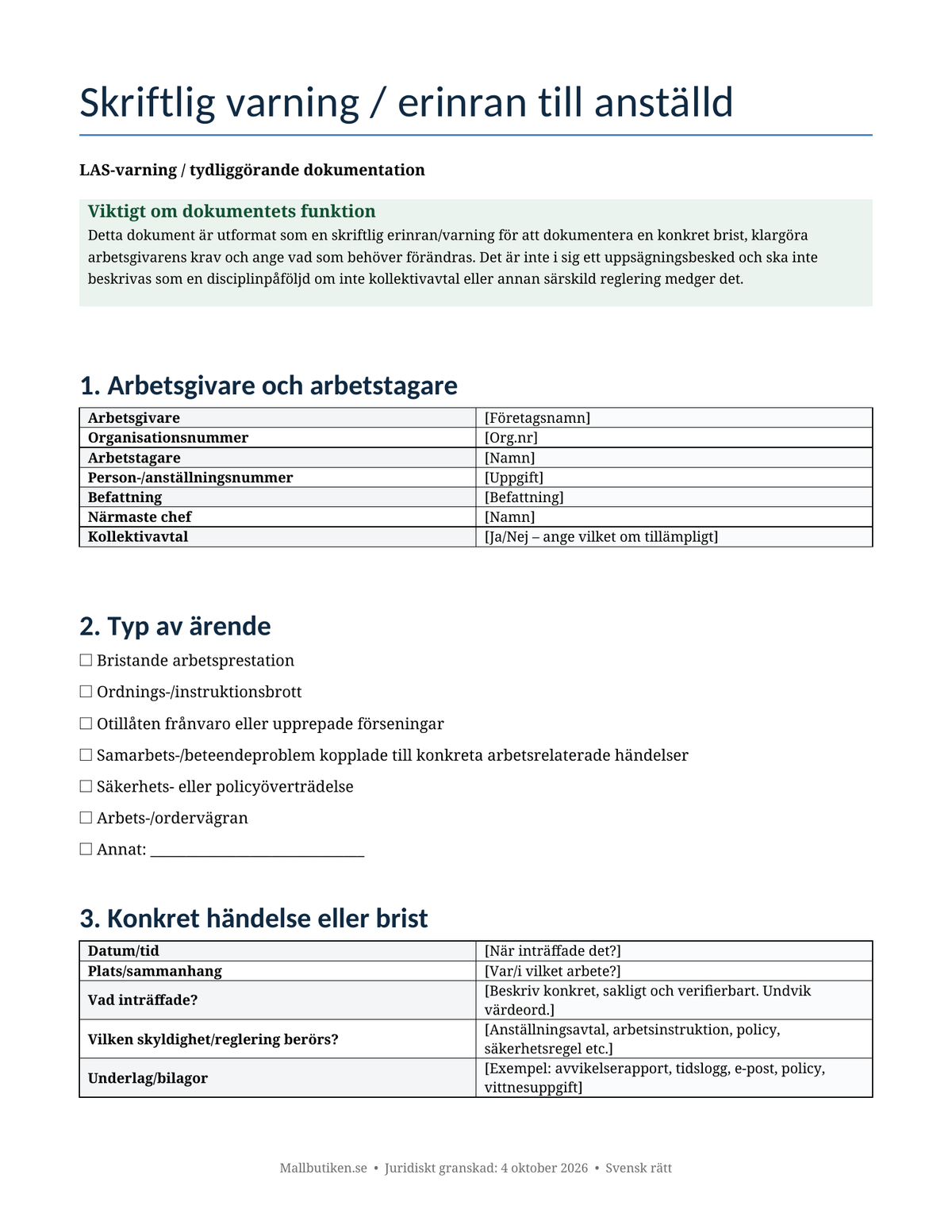 Förhandsvisning av svensk mall för skriftlig varning och erinran till anställd