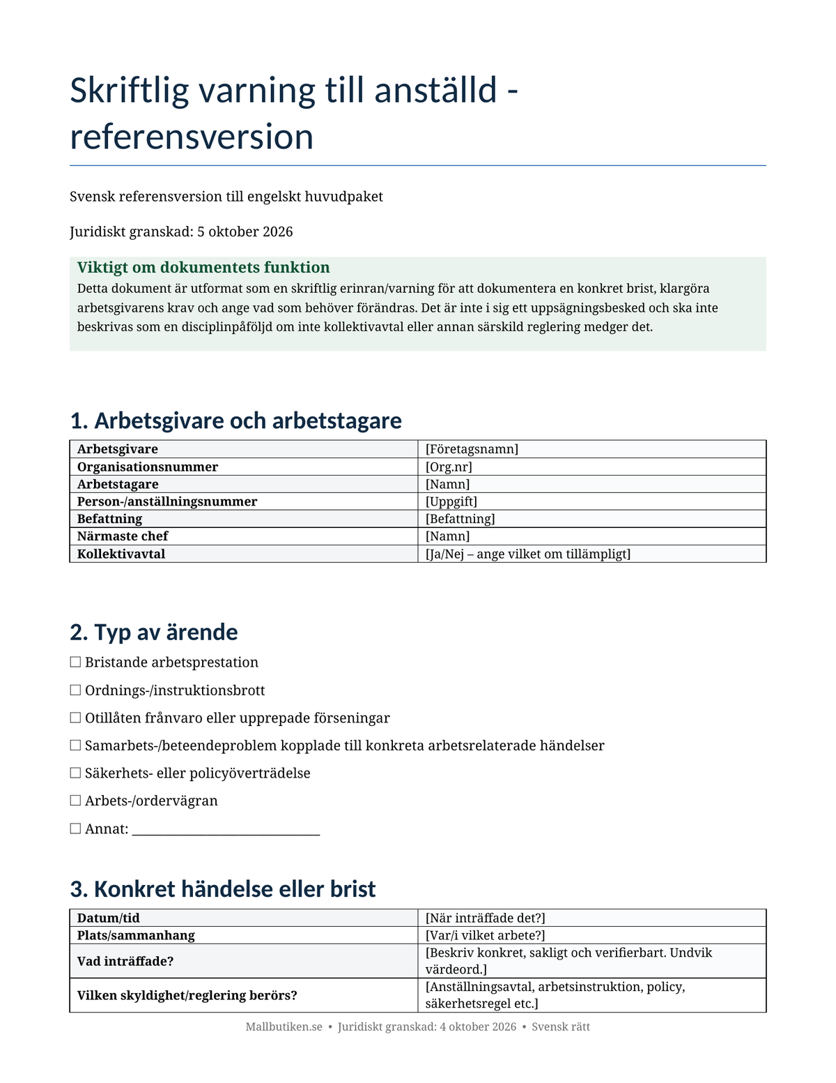 Förhandsvisning av svensk referensversion för skriftlig varning till anställd