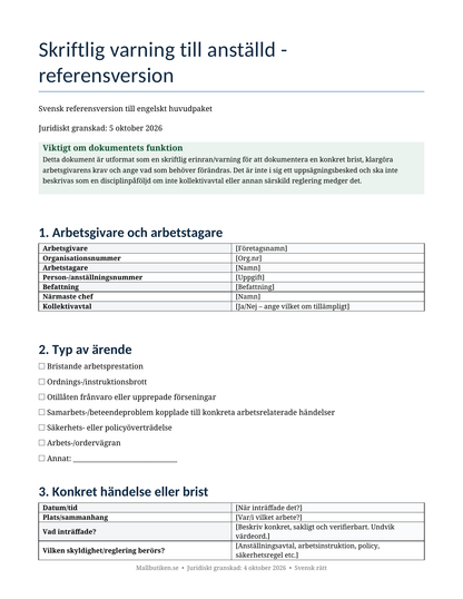 Förhandsvisning av svensk referensversion för skriftlig varning till anställd