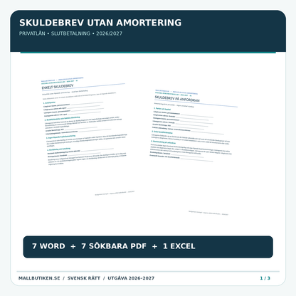 Skuldebrev utan amortering 2026/2027 – verkliga Word- och PDF-mallar för privatlån med slutbetalning