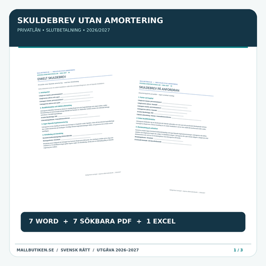 Skuldebrev utan amortering 2026/2027 – verkliga Word- och PDF-mallar för privatlån med slutbetalning