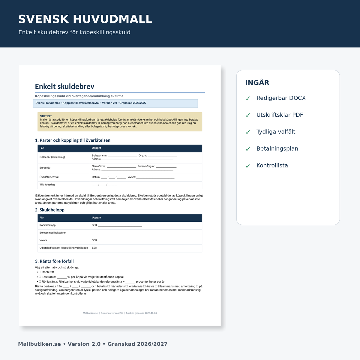 Förhandsvisning av svensk mall för enkelt skuldebrev vid övertagande av firma