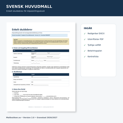 Förhandsvisning av svensk mall för enkelt skuldebrev vid övertagande av firma