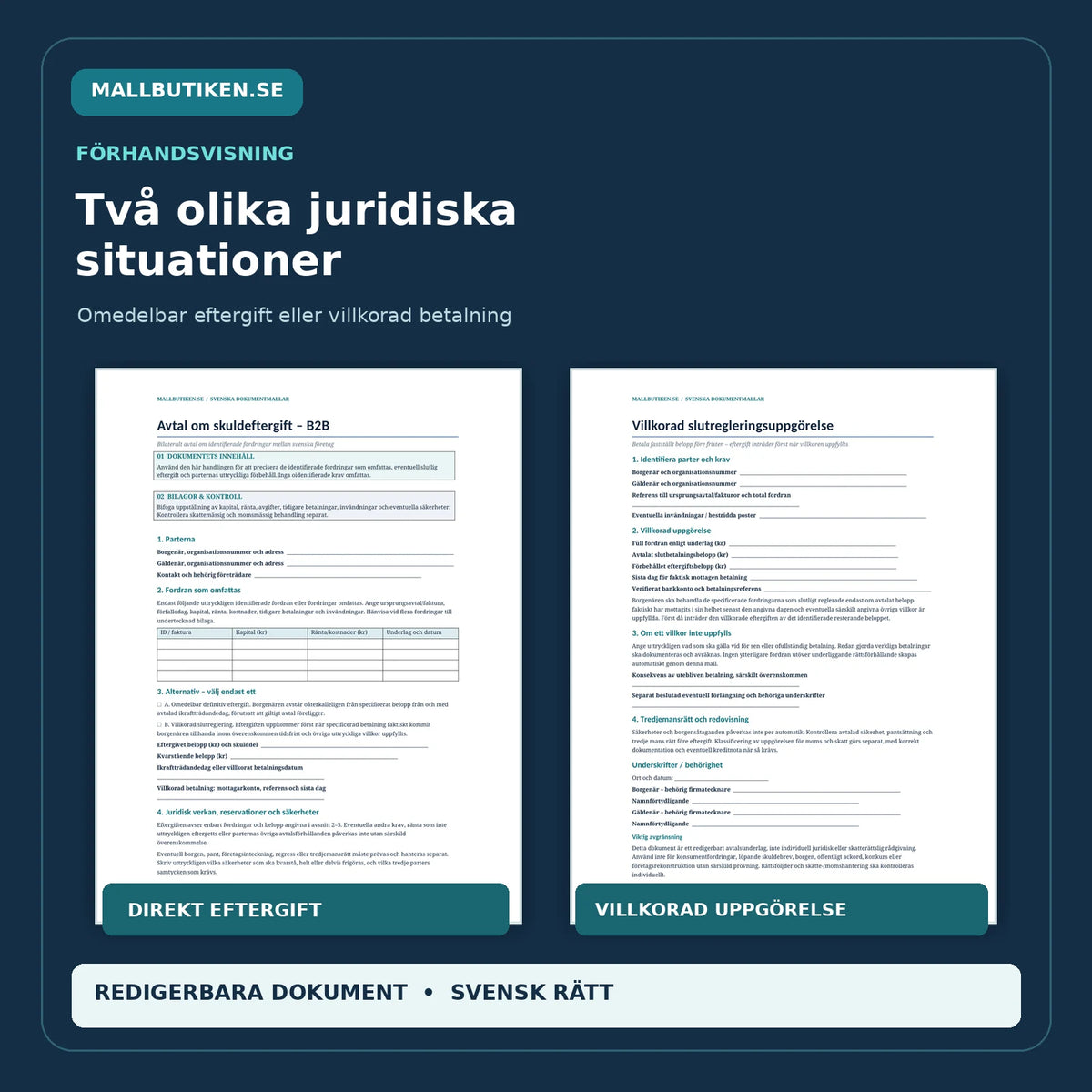 Verkliga Word- och PDF-mallar för omedelbar skuldeftergift och villkorad slutreglering mellan företag