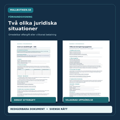 Verkliga Word- och PDF-mallar för omedelbar skuldeftergift och villkorad slutreglering mellan företag