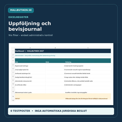 Excelregister för skuldeftergift med dashboard och nio flikar utan automatiska juridiska eller skattemässiga beslut