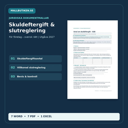 Skuldeftergift och slutregleringsavtal B2B 2027 – verklig Wordmall, 7 DOCX, 7 PDF och Excel