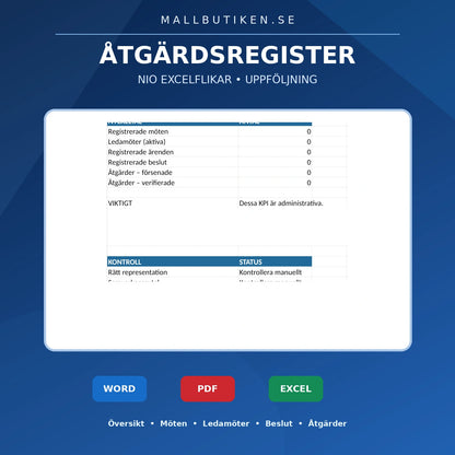 Excelregister för skyddskommitté med dashboard och nio flikar