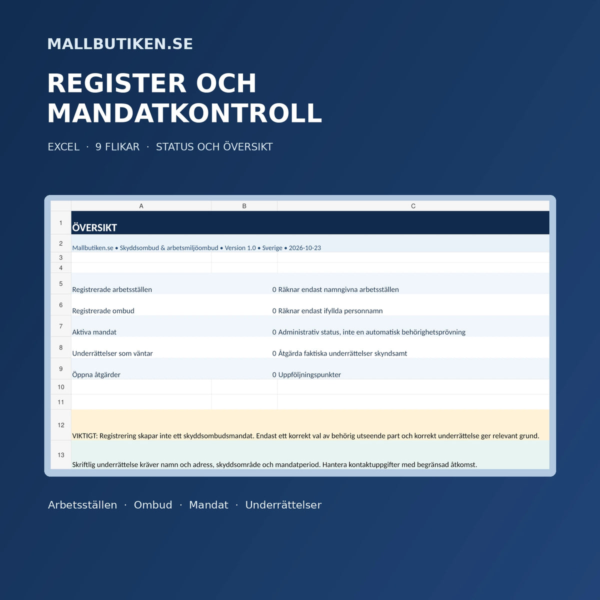 Excelregister för skyddsombud och mandat samt underrättelser