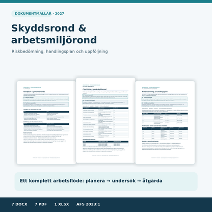 Skyddsrond och arbetsmiljörond 2027 – Word PDF Excel för riskbedömning och handlingsplan