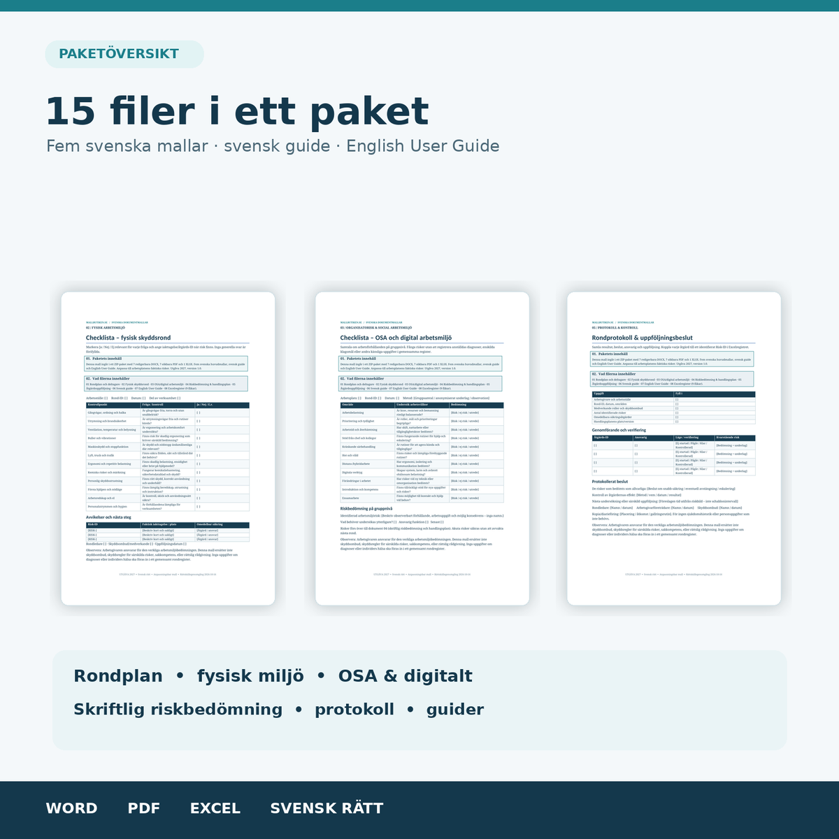 Skyddsrond checklista, organisatorisk social arbetsmiljö, riskbedömning och rondprotokoll i Word och PDF