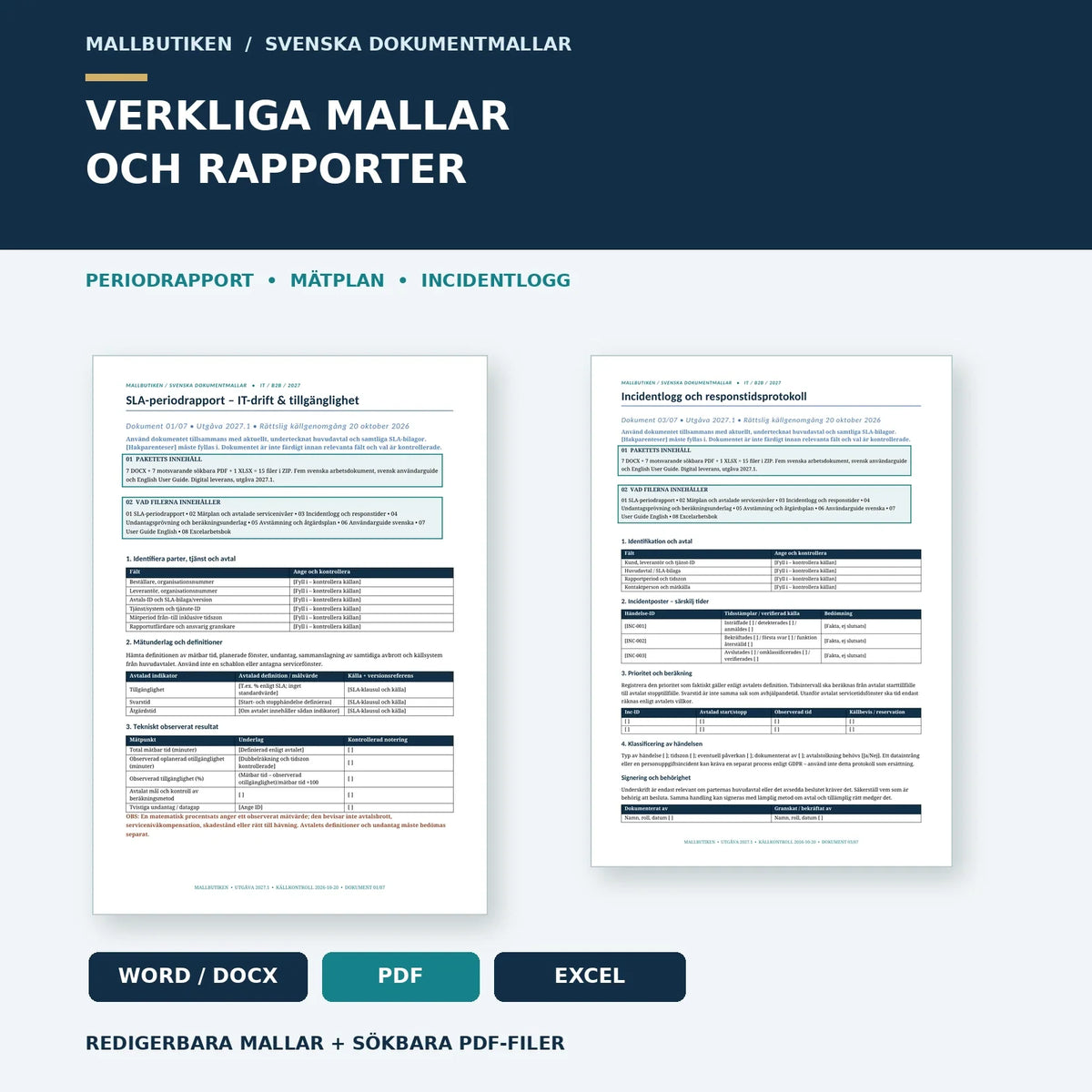 SLA-periodrapport och incidentlogg – riktiga dokumentsidor ur Word och PDF