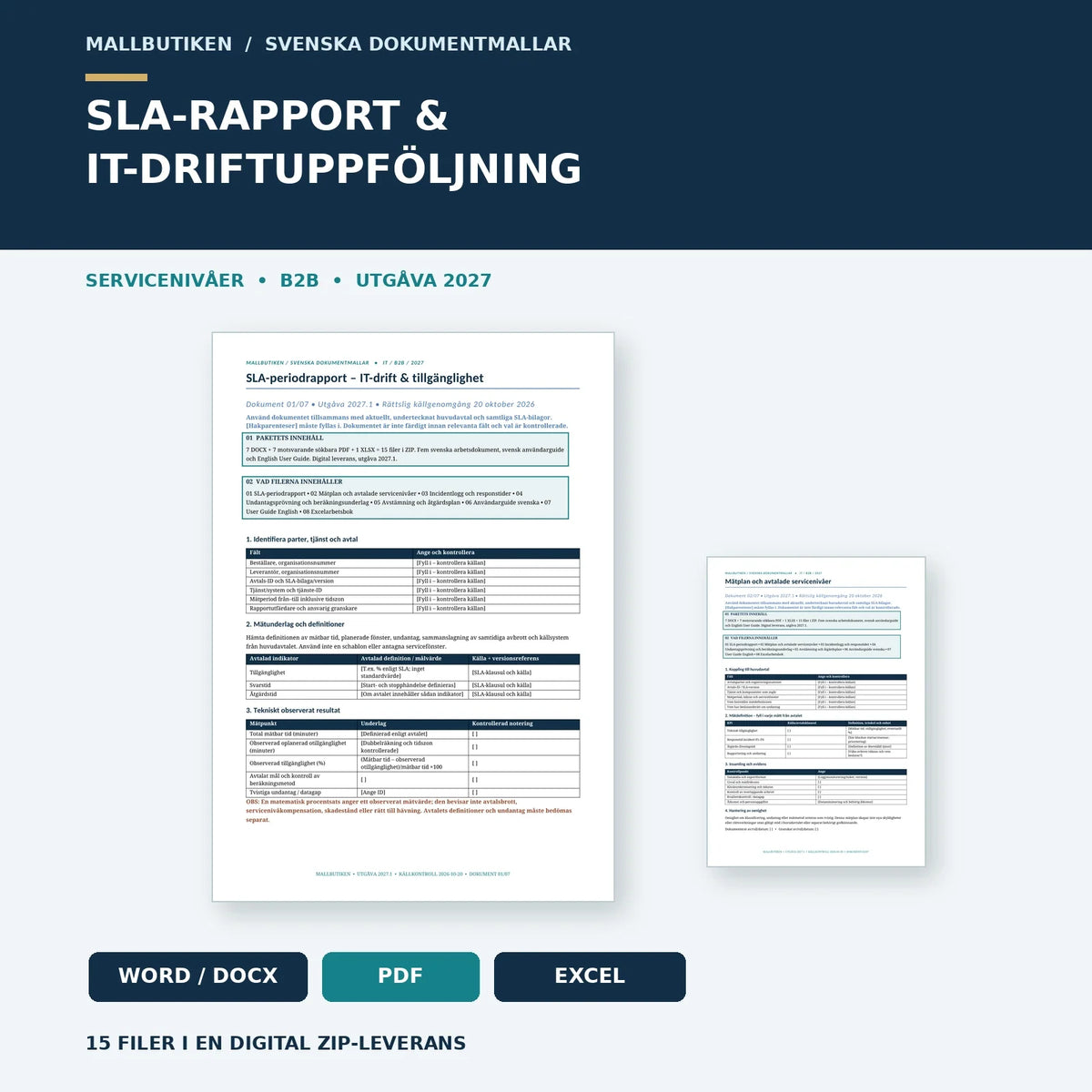 SLA-rapport och IT-driftuppföljning 2027 – verklig dokumentförhandsvisning Word PDF Excel