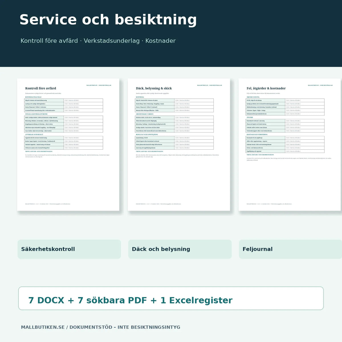 Kontroll före avfärd, däck, belysning och feljournal – dokumentförhandsvisningar i Word/PDF